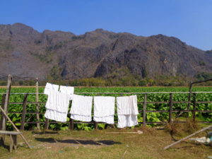 Weiße Handtücher hängen auf einer Wäscheleine vor den mausgrauen Bergen in Kong Lor, Laos, 2016.
