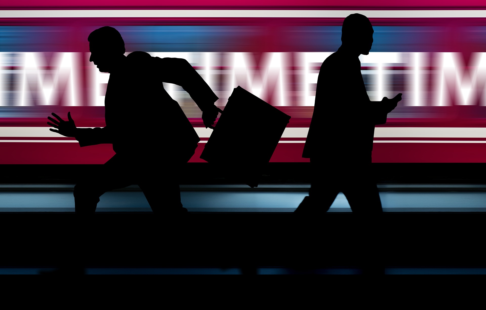 Zwei Männer-Silhouetten rennen zur Arbeit. Quelle: Pixabay