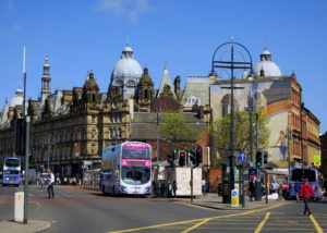 Stadtzentrum von Leeds in Großbritannien, 2018.