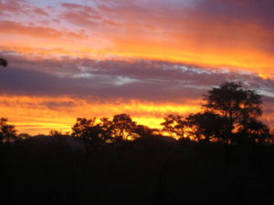 Der Sonnenuntergang im Kruger Nationalpark Südafrika, 2009.
